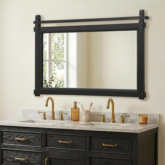 Besdomus Bathroom Black Farmhouse Mirror: 42"x28" Barn Door Rustic Solid Cedar Wood Frame - Wall Decorative Mirror for Fireplace/Living Room/Bathroom Remodel - Modern Farmhouse Decor for Homemakers