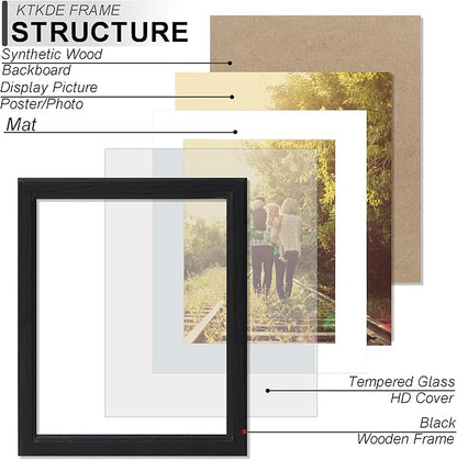 KTKDE 11x15 Picture Frame,Display Pictures 8.5x11 with Mat or 11x15 Without, Tempered Glass,15 by 11 Black Wooden Frame Wall Gallery Poster Frame best gift