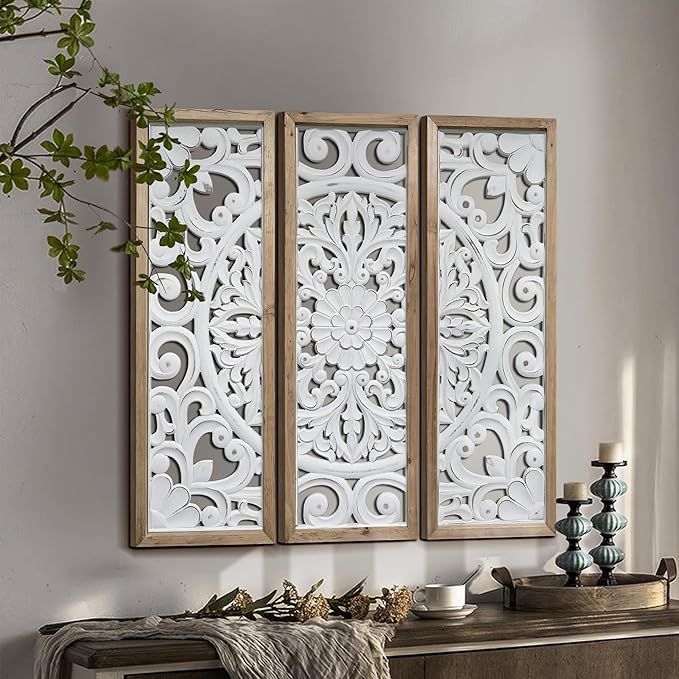 XIAOAIKA Wood Wall Art Vintage Carved Panels, Rustic Farmhouse Wall Decor with Solid Wood Frame, White Distressed Floral Scroll Design, Boho Artwork for Living Room Bedroom, Set of 3 Each 35.5" x 12"