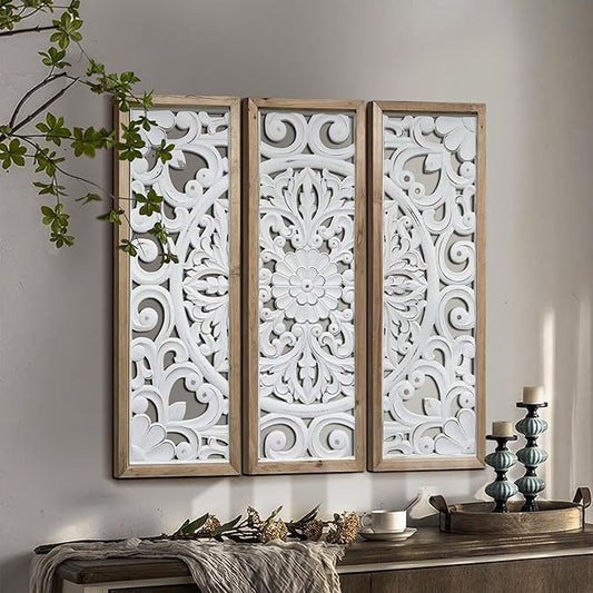 XIAOAIKA Wood Wall Art Vintage Carved Panels, Rustic Farmhouse Wall Decor with Solid Wood Frame, White Distressed Floral Scroll Design, Boho Artwork for Living Room Bedroom, Set of 3 Each 35.5" x 12"