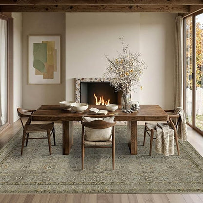 Rugxara 6x9 Area Rugs for Living Room Bedroom, Large Washable Rug, Olive Vintage Floral Boho Style, Non Slip & Low Pile Carpet for Indoor Dining Room, Dorm and Kids Room(Olive Brown 6x9ft)