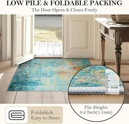 RELEANY Washable Area Rugs 4'x6' Non-Slip Modern Abstract Soft for Living Room Entryway Bedroom Nursery, Print Pattern, Teal Blue Green Orange Rust Red Coloreful