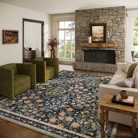 9x12 Rugs for Living Room: Washable Area Rugs for Bedroom Vintage Stain Resistant Non Slip Low Pile Large Carpet Rug for Kitchen Dining Room Farmhouse Kids Room Nursery