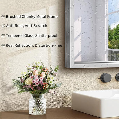 CIRCUMI 60"x24" Brushed Silver Mirror with Chunky Box Metal Frame, Bathroom Mirror for Vanity Remodel & New Home, Living Room, Entryway, Rectangular Wall Mirror, Tempered Glass, Vertical or Horizontal