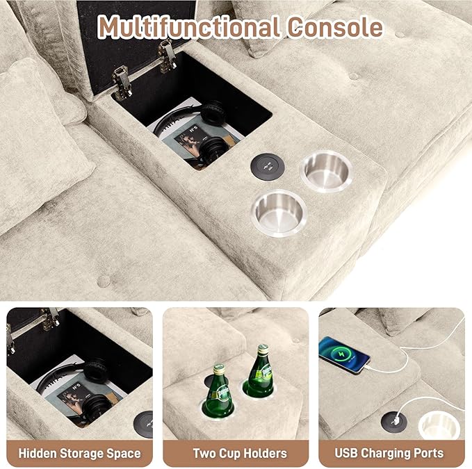 134"U Shaped Sectional Couches for Living Room, Oversized Modular Sectional Fluffy Couch with 2 Ottoman & Storage Console,Modern 6 Seat Living Room Sofa with Glitter Fabric,Tufted Buttons, Beige