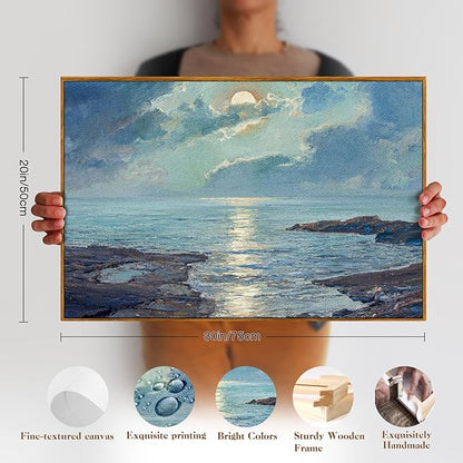 crmotu Vintage Framed Wall Art, Coastal Landscape Canvas Prints, Ocean Sunrise Scenery Room Decorations, Blue Nature Aesthetic Pictures Wall Decor Living Room Bedroom Bathroom, Office Artwork 20x30in