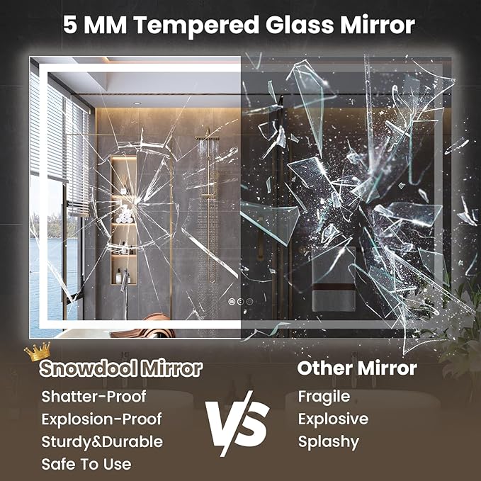 Snowdool 60"X40" LED Bathroom Mirror with Front Lights and Backlit, Anti-Fog, Dimmable, Shatter-Proof Tempered Glass, Lighted Bathroom Vanity Mirror for Wall with 3 Colors, Memory Function