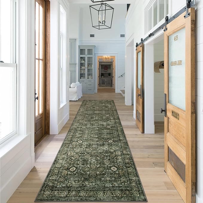 Morebes Vintage 2.5x10 Runner Rug for Hallway Non Slip,Washable Kitchen Runner Rug for Entryway Indoor,Super Soft Faux Wool Rug for Farmhouse Dining Room Indoor Playroom, Dark Green