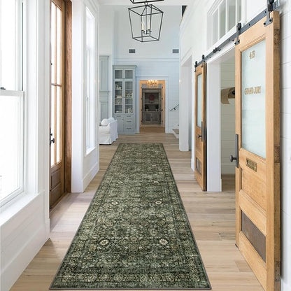 Morebes Vintage 2.5x10 Runner Rug for Hallway Non Slip,Washable Kitchen Runner Rug for Entryway Indoor,Super Soft Faux Wool Rug for Farmhouse Dining Room Indoor Playroom, Dark Green