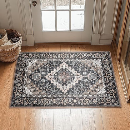 Lessymo 2 x 3 Entryway Rug, Machine Washable Area Rugs Boho Faux Wool Low Pile Area Rug for Bedroom, Floral Medallion Vintage Outdoor Rugs with Non-Slip Rubber,Black Brown