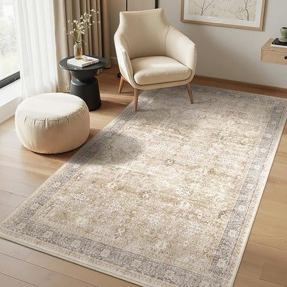 Beige 4x6 Washable Rug, Small Area Rugs for Entryway Kitchen Bathroom with Rubber Backing Non Slip, Vintage Neutral Low Pile Thin Throw Carpet Rug for Foyer/Nursery/Home Office/Living Room