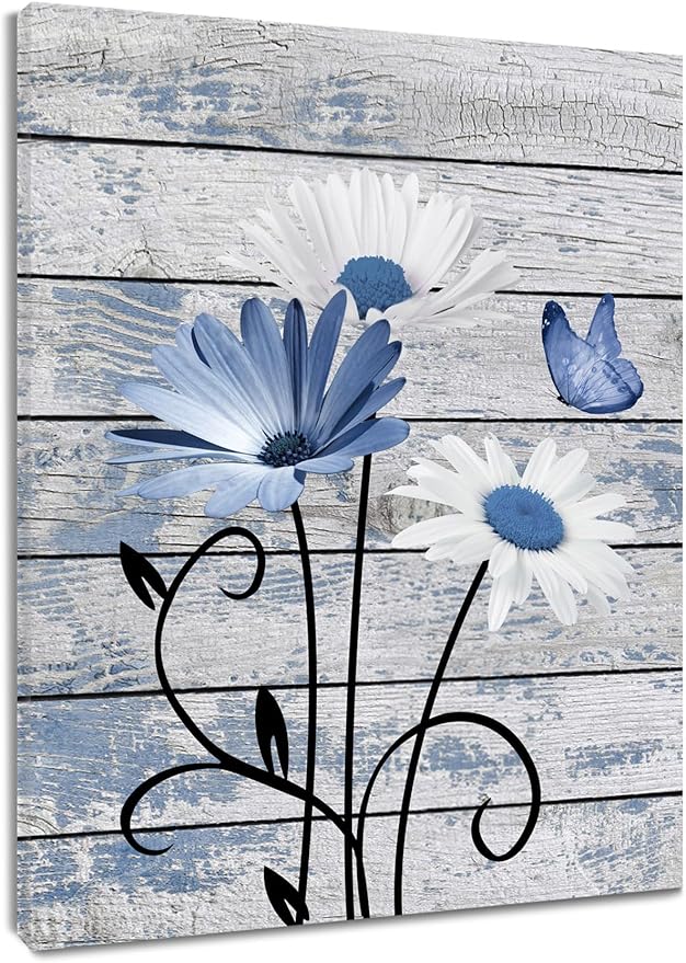 HVEST Farmhouse Floral Wall Art for Living Room, Blue and White Daisy Flower and Butterfly on Rustic Wood Board Canvas Wall Art Framed Artwork Ready to Hang for Bathroom Bedroom Decor, 20L X 16W