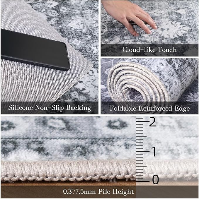 Washable 3x5 Entryway Rug, Boho Non-Slip Vintage Distress Small Rugs for Kitchen Nursery Office Bedroom, 0.3" Neutral Oriental Throw Thin Carpet with Cushioning Pad, Grey/Multi, C5