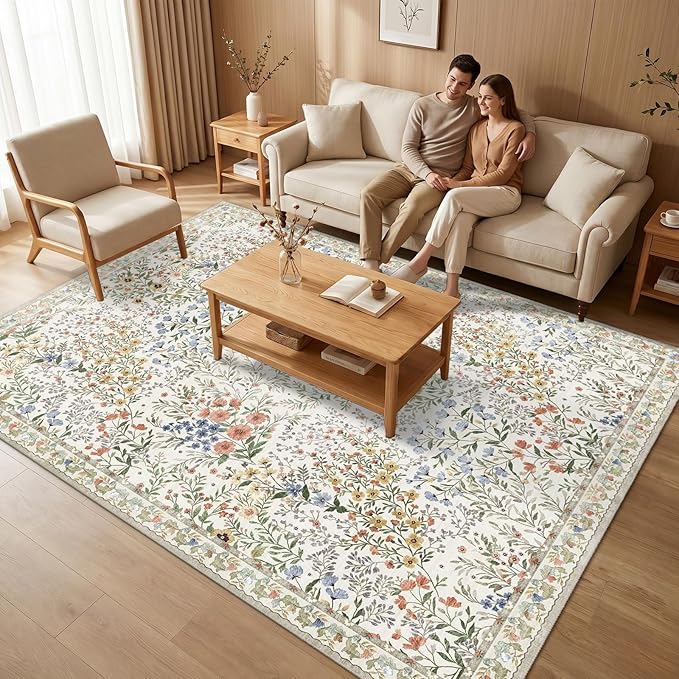 Washable Living Room Area Rug: 8x10 Bedroom Rugs - Farmhouse Distressed Printed Floral Carpet - Foldable Non-Shedding Floor Carpet for Dining Room 8'x10' Beige