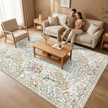 Washable Living Room Area Rug: 8x10 Bedroom Rugs - Farmhouse Distressed Printed Floral Carpet - Foldable Non-Shedding Floor Carpet for Dining Room 8'x10' Beige