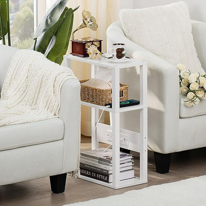 YUFAM 3-Tier Small Narrow Wood Side Table Set of 2 with Charging Station - Skinny Nightstand for Small Spaces, Slim Bedside Table with USB Ports and Outlets - Thin End Table with Storage, White