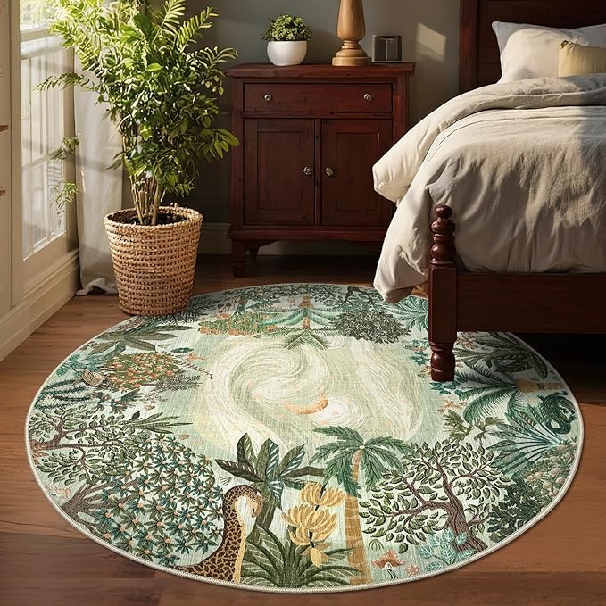 GarveeHome Round Area Rugs 6ft for Bedroom, Green Jungle Washable Circle Rug Soft Non Slip Forest Animal Print Floor Mat Tiger Carpet Indoor Thin Rug for Living Room Dining Room Playroom Nursery