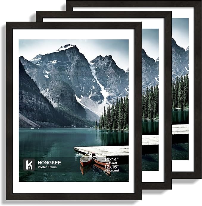 Hongkee 12x16 Picture Frame Set of 3 - Display 11x14 Photo with Mat or 12 x 16 Poster without Mat, Wall Mounting Horizontal and Vertical, Black