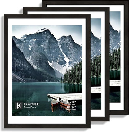 Hongkee 12x16 Picture Frame Set of 3 - Display 11x14 Photo with Mat or 12 x 16 Poster without Mat, Wall Mounting Horizontal and Vertical, Black