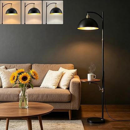 Floor Lamp with Table Attached Adjustable Height Corner Floor Lamp Table Combo Rustic Dimmable Floor Lamp with End Table for Bedroom Living Room Office (Gold)