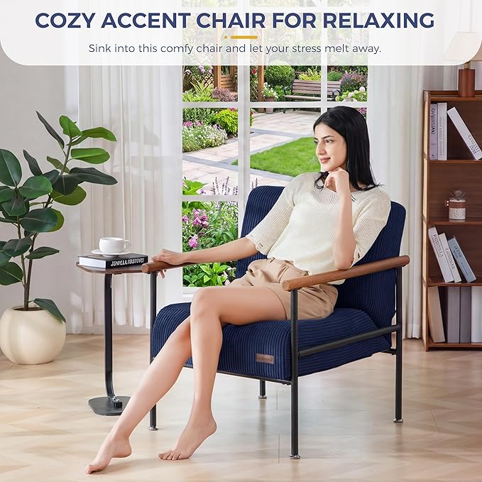 MAXYOYO Living Room Accent Chair, Modern Chair with Sturdy Metal Frame & Wood Armrests, Upholstered Reading Chair with Upholstered Cushion for Bedroom Balcony Porch, Navy