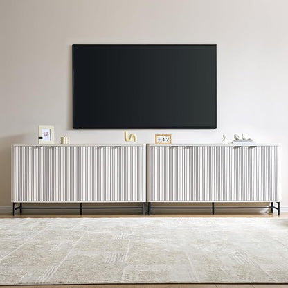 Fatmok 65" Large Sideboard Buffet Cabinet with Storage, Set of 2 Modern Fluted Credenza Accent Coffee Bar Console Tables with Doors & Adjustable Shelves for Living Room or Hallway, White