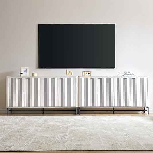 Fatmok 65" Large Sideboard Buffet Cabinet with Storage, Set of 2 Modern Fluted Credenza Accent Coffee Bar Console Tables with Doors & Adjustable Shelves for Living Room or Hallway, White