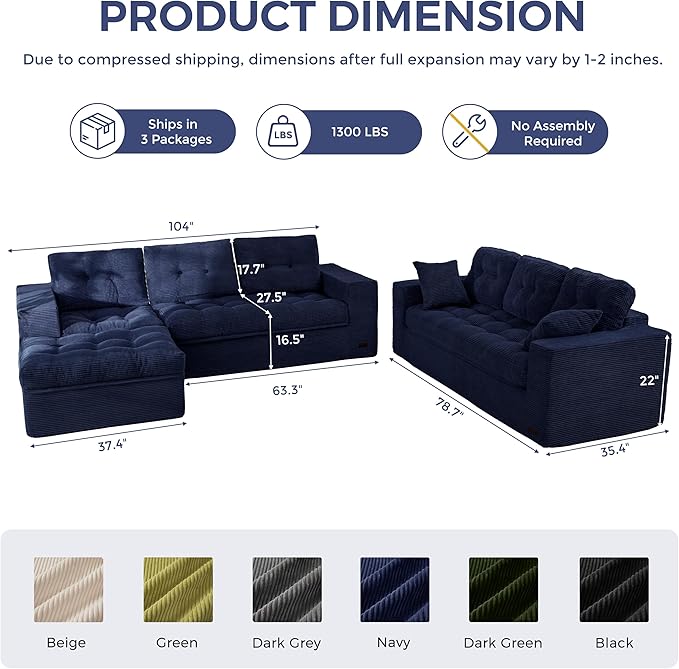 MAXYOYO Modular Sectional Sofa with Ottoman and Loveseat, Cloud Boneless Couch with Layered Cushion, Flexible Module Combination Sofa for Living Room, No Assembly Required,Navy