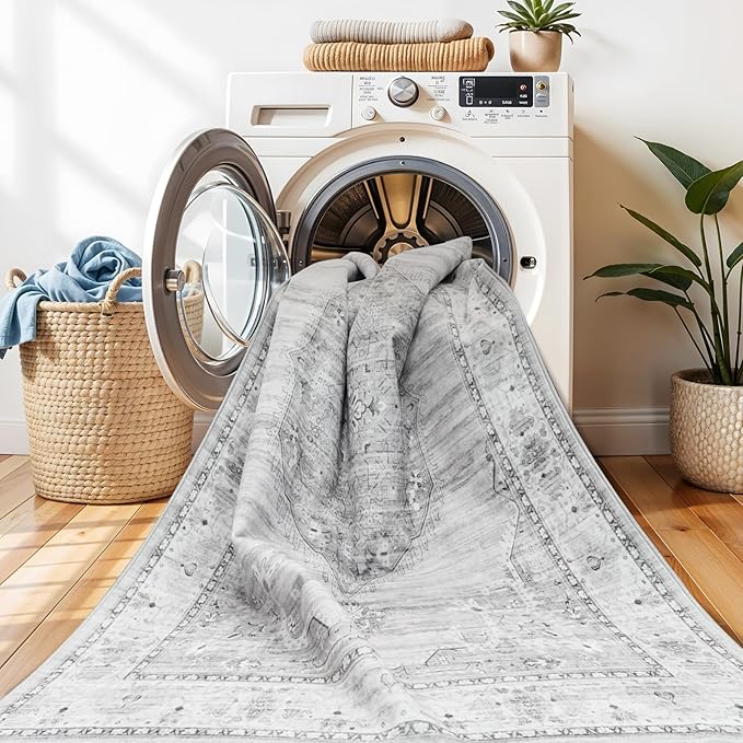 Washable Area Rugs 3x5 Entryway: Soft Ultra Thin Low Pile Mat Machine Washable Indoor Doormat Lightweight Entry Rug Anti Slip Backing Rugs for Living Room Bedroom Kitchen 3'x 5' Grey