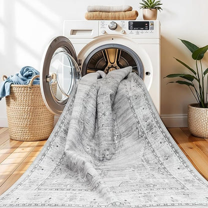 Washable Area Rugs 3x5 Entryway: Soft Ultra Thin Low Pile Mat Machine Washable Indoor Doormat Lightweight Entry Rug Anti Slip Backing Rugs for Living Room Bedroom Kitchen 3'x 5' Grey