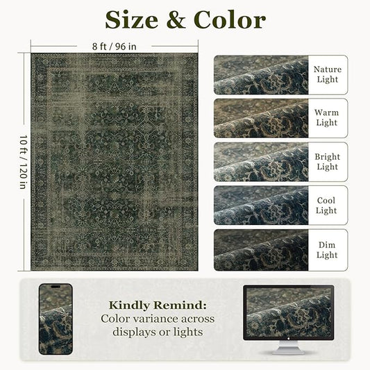 Dark Green 8x10 Rugs for Living Room, Vintage Distressed Large Rug for Bedroom Under Bed, Washable Non Slip Low Pile Moody Earth Tone Carpet Rugs for Dining Room Home Office