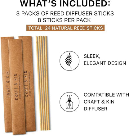 Craft & Kin Reed Diffuser Sticks – 3 Pack of 8 Natural Rattan Sticks per Pouch – Home Fragrance Refill, Eco-Friendly Reed Replacement for Essential Oil Diffusers