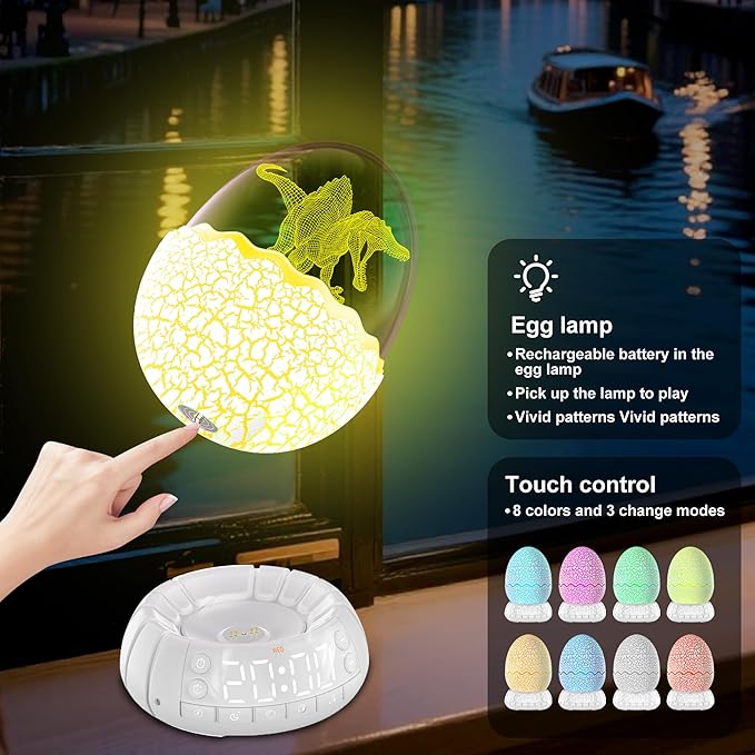 Dinosaur Egg Alarm Clock / Glowing Digital Clock with Night Light, 20 Soothing Sound Timer Training Sleep Machine/Bluetooth Speaker, Dinosaur Decor Lamp for Bedroom/Living Room, Gifts for Kids Adults