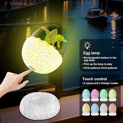 Dinosaur Egg Alarm Clock / Glowing Digital Clock with Night Light, 20 Soothing Sound Timer Training Sleep Machine/Bluetooth Speaker, Dinosaur Decor Lamp for Bedroom/Living Room, Gifts for Kids Adults