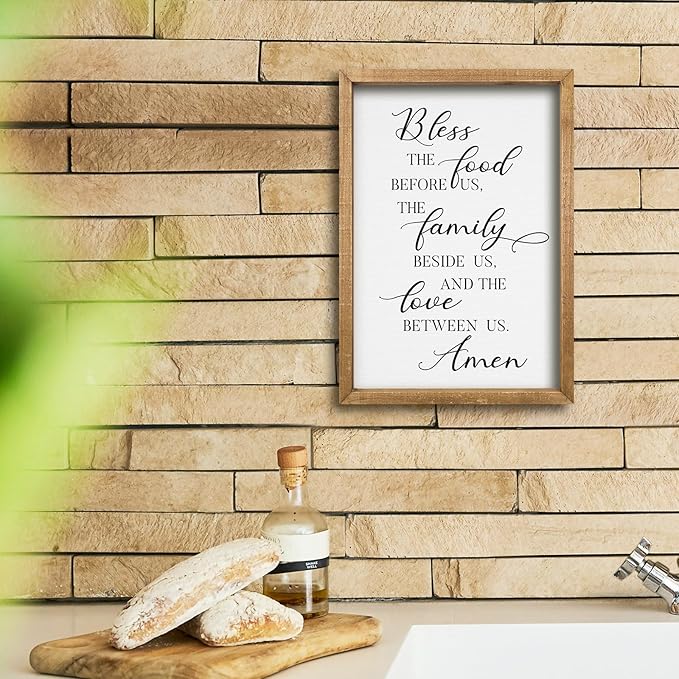 comurdyo Kitchen Wall Decor Bless the Food Before Us Prayer Farmhouse Christian Sign 16"×11" Framed Wood for Small Modern Religious Holy Dining Room Kitchen Plaque Wall Art Hanging (Wood)
