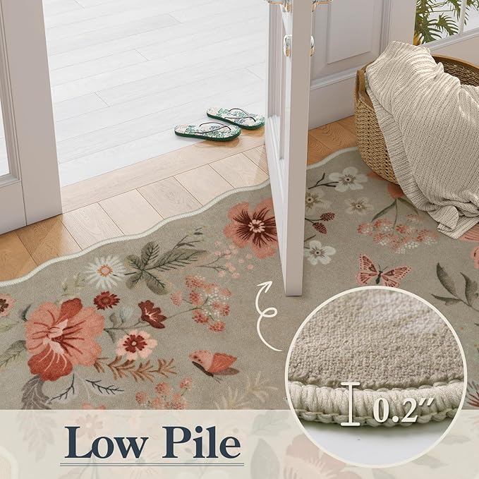 Lahome Floral Machine Washable Rug, 3x5 Rug Non Slip Soft Bedroom Rugs for Entryway Dorm, Ultra-Thin Boho Rugs for Living Room Stain Resistan Throw Carpet for Nursery Entrance Flore,Brown