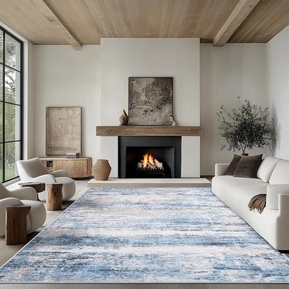 9x12 Area Rug Living Room Rugs - Washable Rug Large Modern Abstract Soft Thin Carpets Indoor Floor No Slip Vintage Carpet for Bedroom Under Dining Table Nursery Home Office Decor Blue
