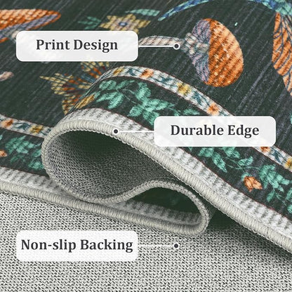 4 x 6 Rug Non-Slip Washable Carpet - Mushroom Soft Low-Pile Stain Resistant Foldable Rugs for Nursery Kitchen Bedroom Living Room Entryway Indoor Mat with Rubber Back Black