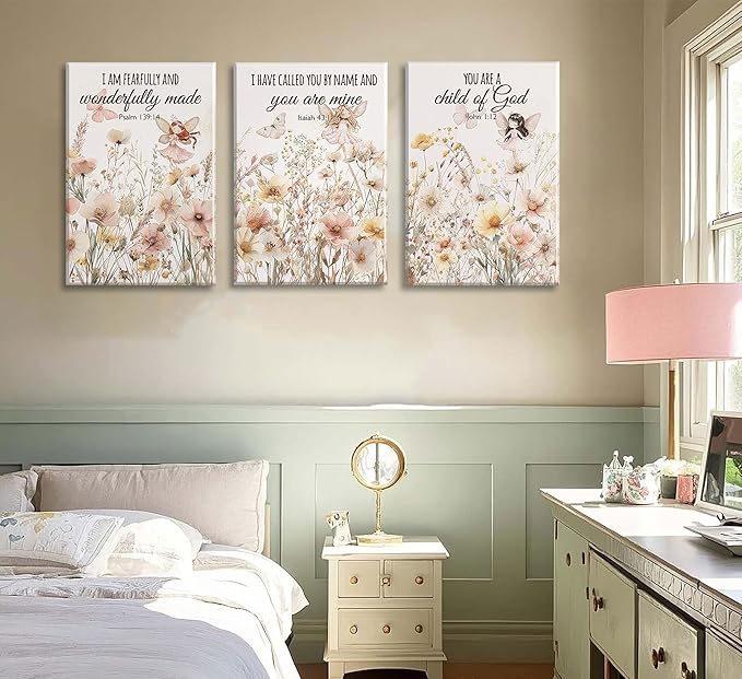 3Pcs Christian Nursery Canvas Wall Art Wildflower Bible Verse Painting Vintage Flower Scripture Pictures Wall Decor Butterfly Girl Floral Posters Prints for Girls Baby Room Living Bedroom Framed