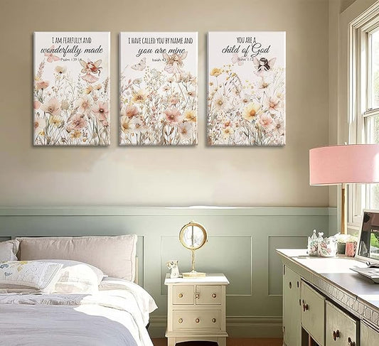 3Pcs Christian Nursery Canvas Wall Art Wildflower Bible Verse Painting Vintage Flower Scripture Pictures Wall Decor Butterfly Girl Floral Posters Prints for Girls Baby Room Living Bedroom Framed