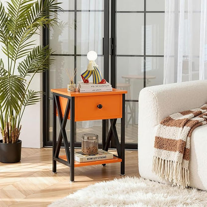 VECELO Nightstand,Modern Bedside End Table, Night Stand with Drawer and Storage Shelf for Living Room Bedroom, Industrial Metal Frame
