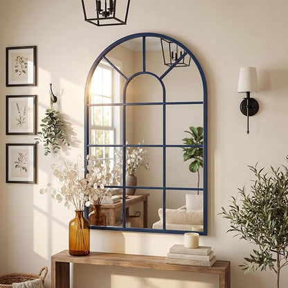 Blue Arched Windowpane Mirror 32x20 Inch, Decorative Mirrors for Wall Entryway Living Room, Farmhouse Arch Window Pane Mirror, Large Wall Mirror for Home Decor