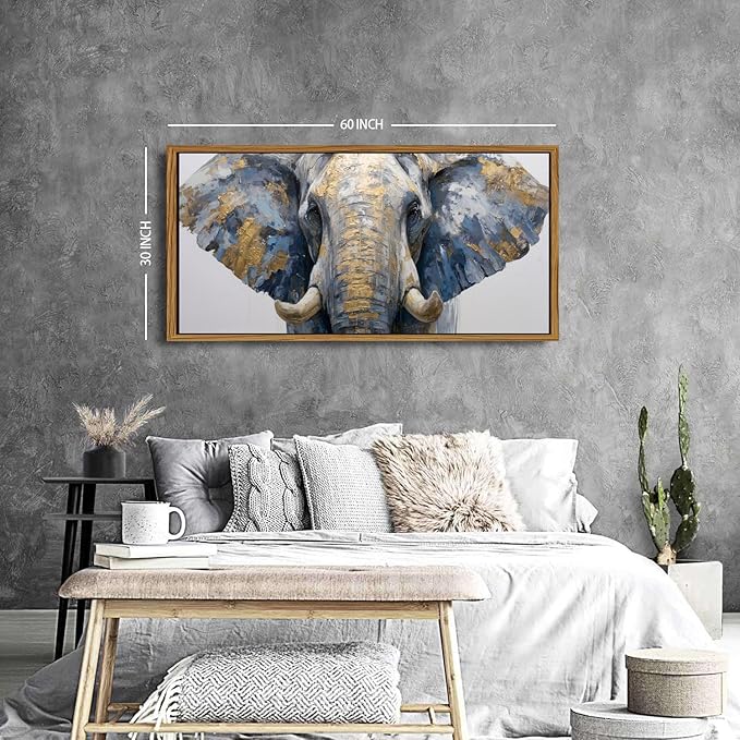Elephant Animal Wall Art Bedroom Wall Decor African Wildlife Picture Canvas Wooden Framed Abstract Golden Painting Animals Portrait Poster Prints Artwork for Kitchen Living Room Home Decoration 30x57.8"