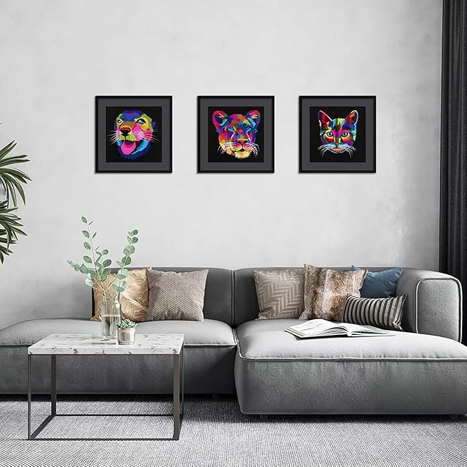 ELSKER&HOME 18x18 Frame Black, 14x14 Frame with Mat or 18x18 Picture Frame without Mat 3 Pack, Wall Mounting Include 3 Wall Art Prints