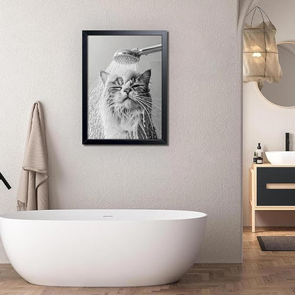 XYHYRA Cute Cat Bathroom Decor Funny Animal Bathroom Wall Art Cat Bathing Wall Decor Poster Painting Black and White Canvas Print Artwork Modern Farmhouse Restroom Home Decoration 12x16 Inch Wood Framed