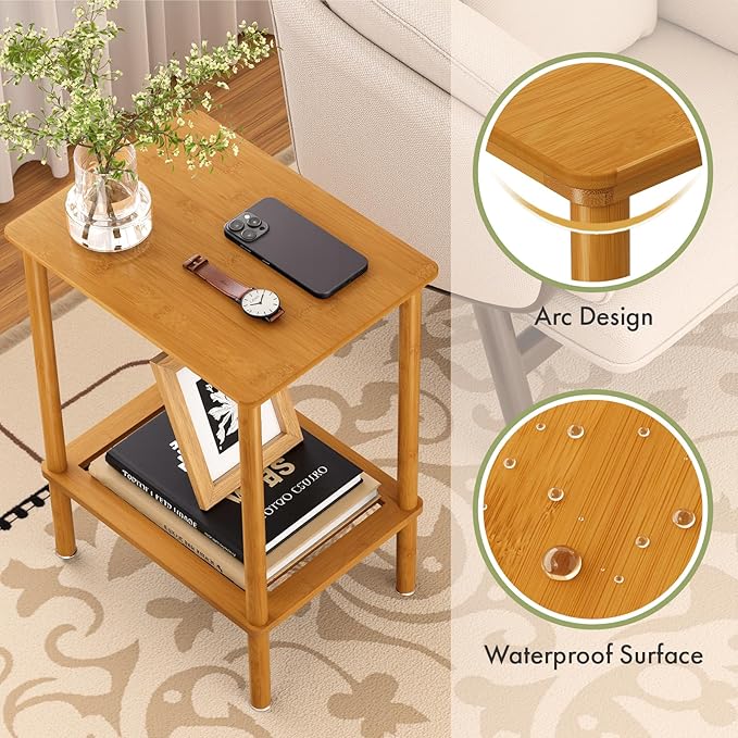 2-Tier Small Side Table, Narrow Entryway Table, Bedside End Table, Bamboo Night Stand with Storage Shelf, Sofa Side Table, Boho Accent Table for Small Space, Living Room, Bedroom, Walnut