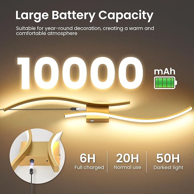 Battery Operated Wall Sconces Set of Two, 10000mAh Rechargeable Modern Wall Lights with Remote Control, Dimmable Gold LED Cordless Lighting for Living Room, Bedroom, Hallway, 31.5 Inch, 3CCT