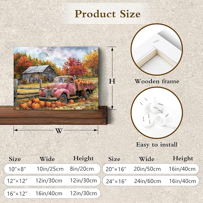 LB Fall Pumpkin Truck Wall Art Vintage Red Truck with Autumn Pumpkins in Farm Canvas Wall Art Farmhouse Harvest Wall Art Decor for Living Room Bedroom Bathroom Office Framed Ready to Hang 12L x 16W
