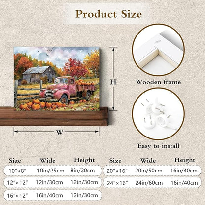 LB Fall Pumpkin Truck Wall Art Vintage Red Truck with Autumn Pumpkins in Farm Canvas Wall Art Farmhouse Harvest Wall Art Decor for Living Room Bedroom Bathroom Office Framed Ready to Hang 12L x 16W