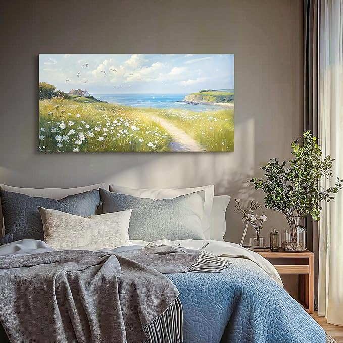 SERIMINO Coastal Landscape Large Wall Art, Country Scenic Canvas Art Wall Decor, Meadow Wildflowers Nature Art Prints, Rustic House Decorations Living Room Bedroom Above Bed Wall Pictures 24"X48"